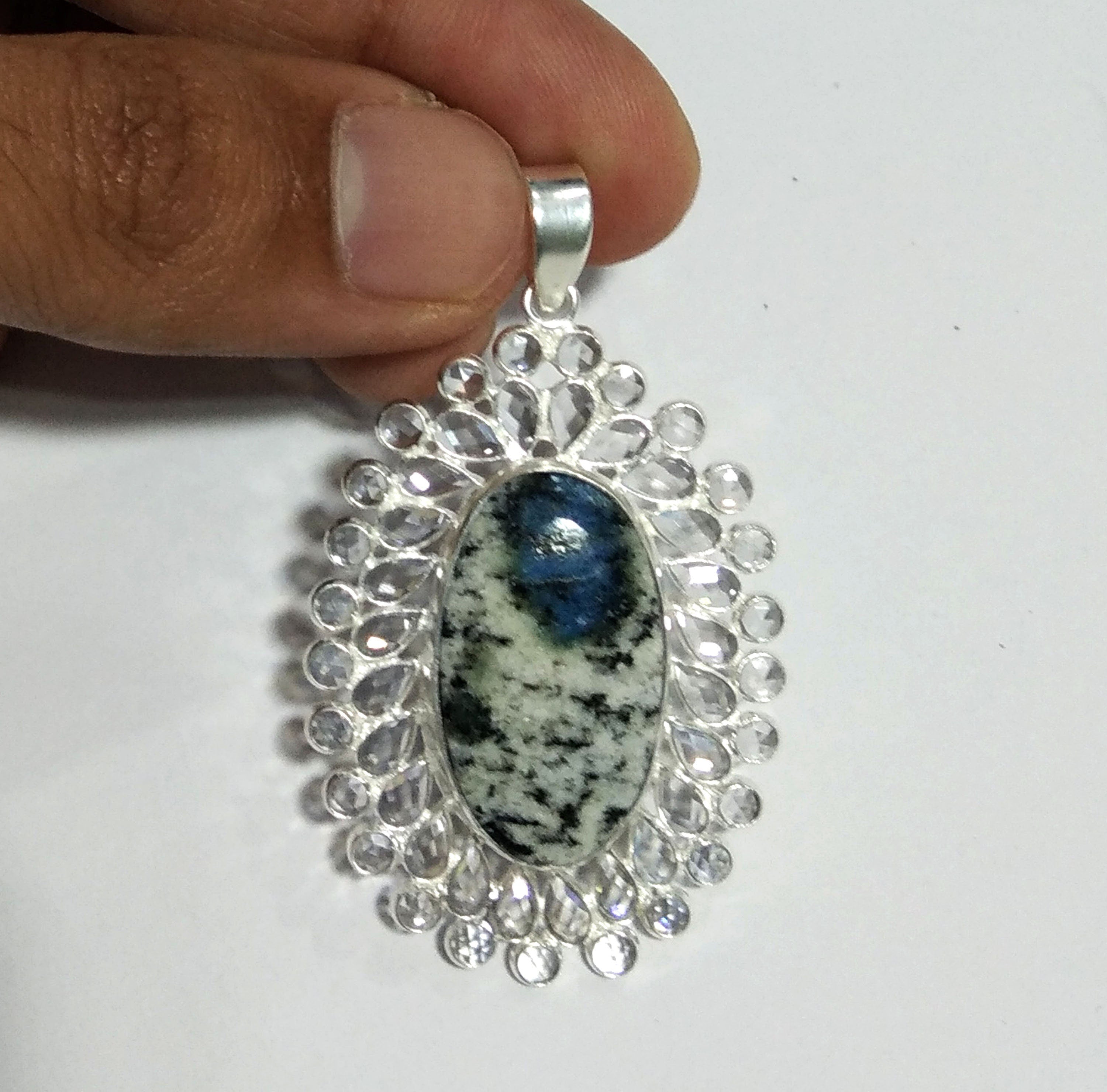 Natural K2 Jasper/White Zircon Stone Pendant, 925 Solid Starling Silver Pendant, Stone Size 27x16 mm Gift Valentine day Pendant Jewelry